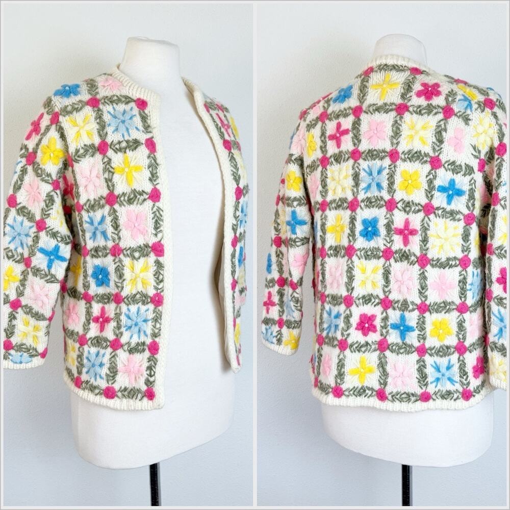 Vintage 50s / 60s Gene Shelly Wool Knit‎ Cardigan Sweater // Size Medium